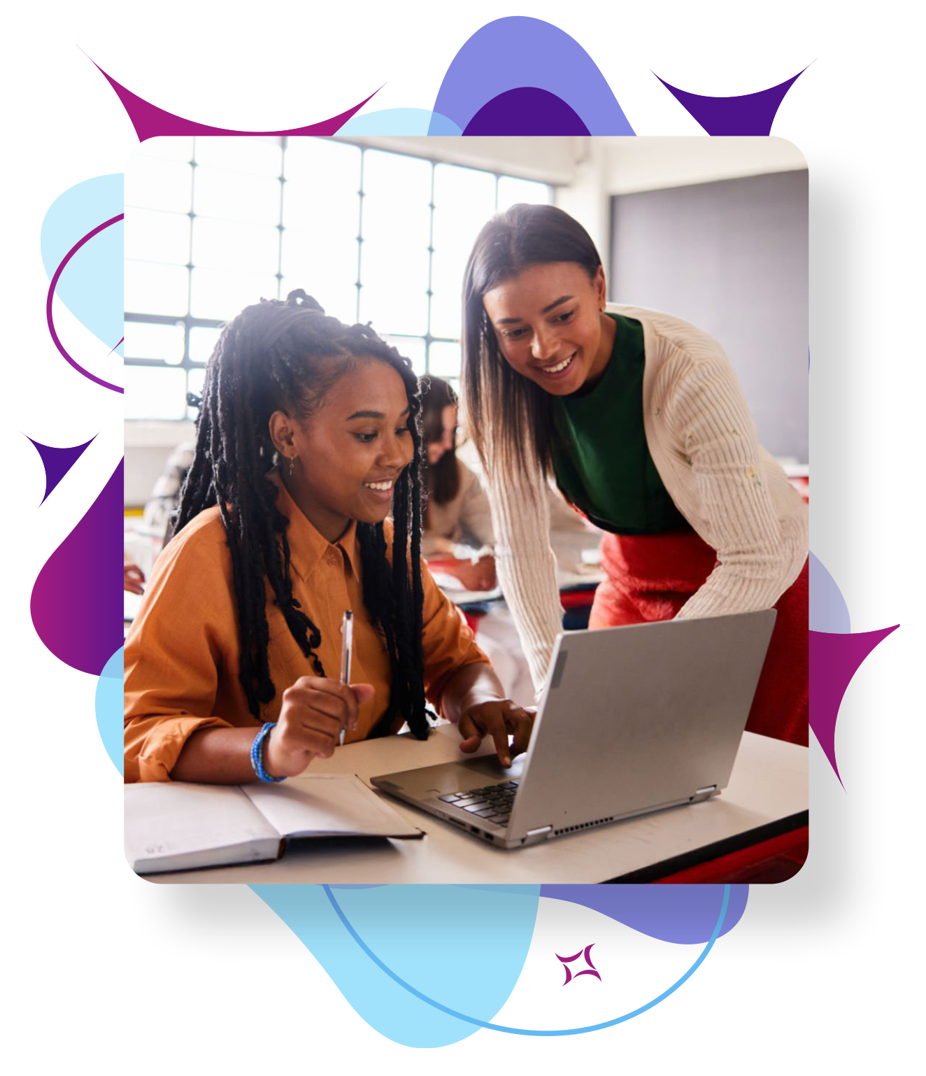 EdTech Student with Teacher Looking at Laptop_wGraphic Behind_01_2025